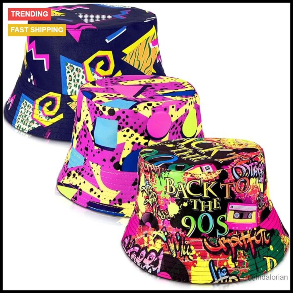 Vintage Print Bucket Hat Retro 80s 90s Style One Size Fits Most Polyester